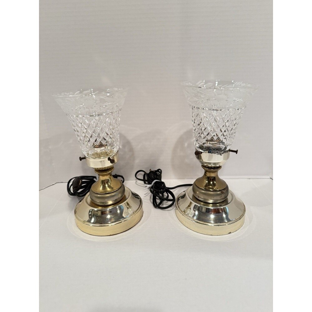 Pair VTG Mid-Century Leviton Cut Glass Crystal Table Lamps with Brass Bases